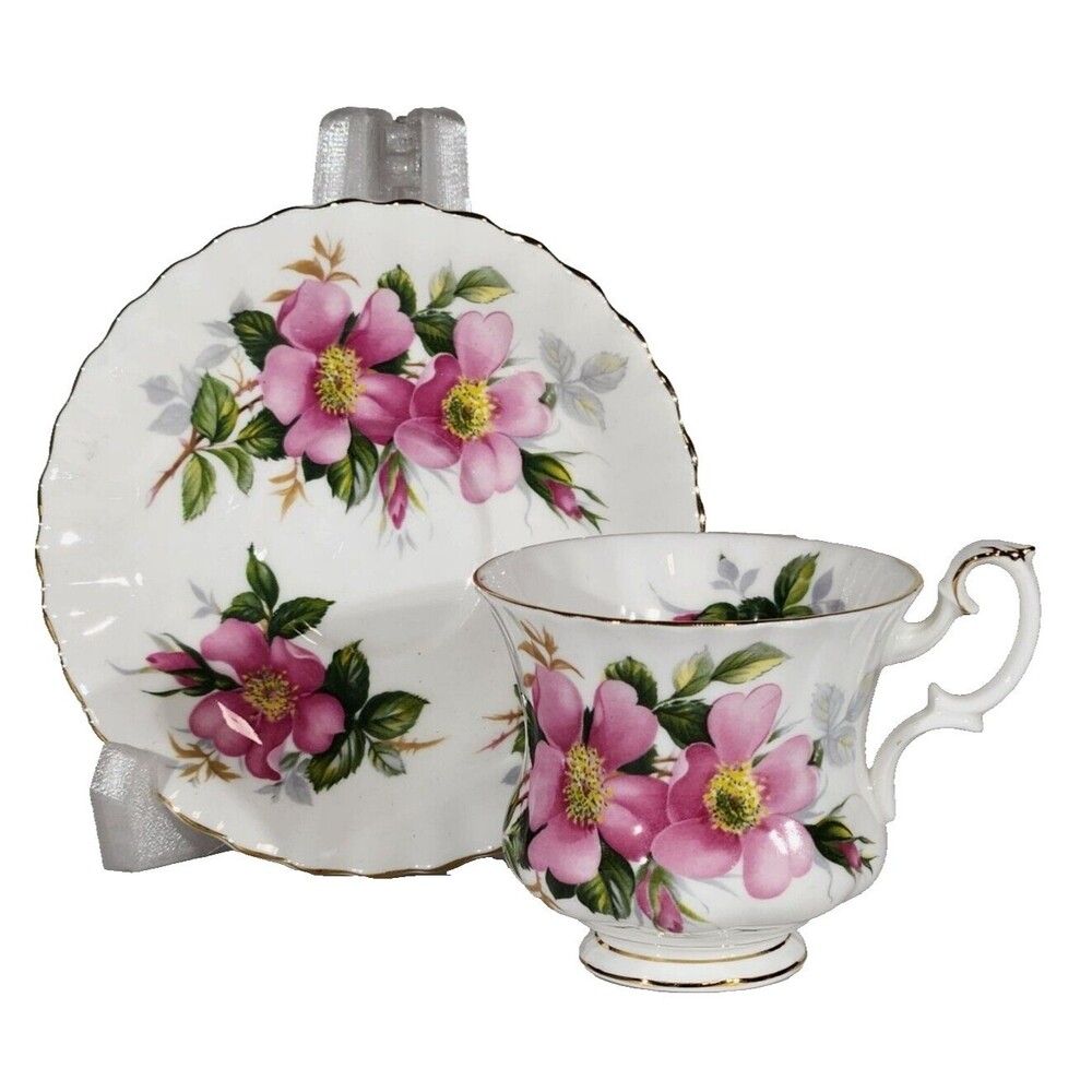 Royal Albert Teacup Saucer Prairie Rose Montrose Bone China Pink Floral Vtg